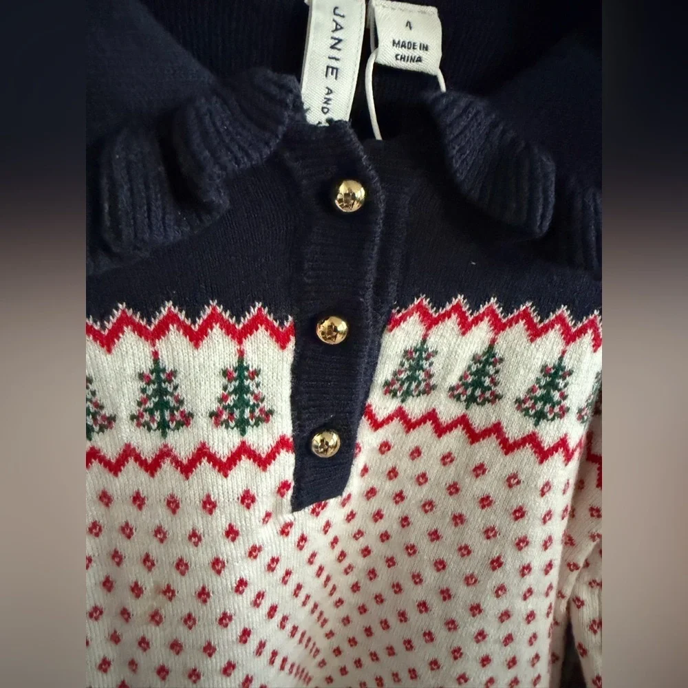 Janie and Jack | Navy Ruffle Collar Sweater w/ Gold Buttons & Puff Sleeve | 4